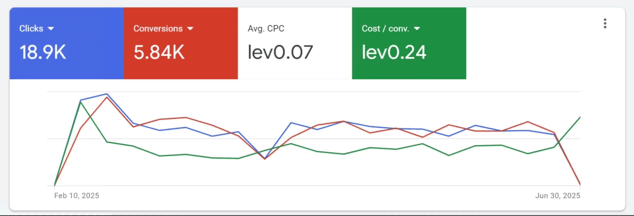 Animated Google Ads dashboard showing Rosela AD's exceptional performance with 18.9K clicks, 5.89% CTR, 0.07 BGN average CPC, and 0.24 BGN cost per conversion demonstrating proven digital marketing strategies