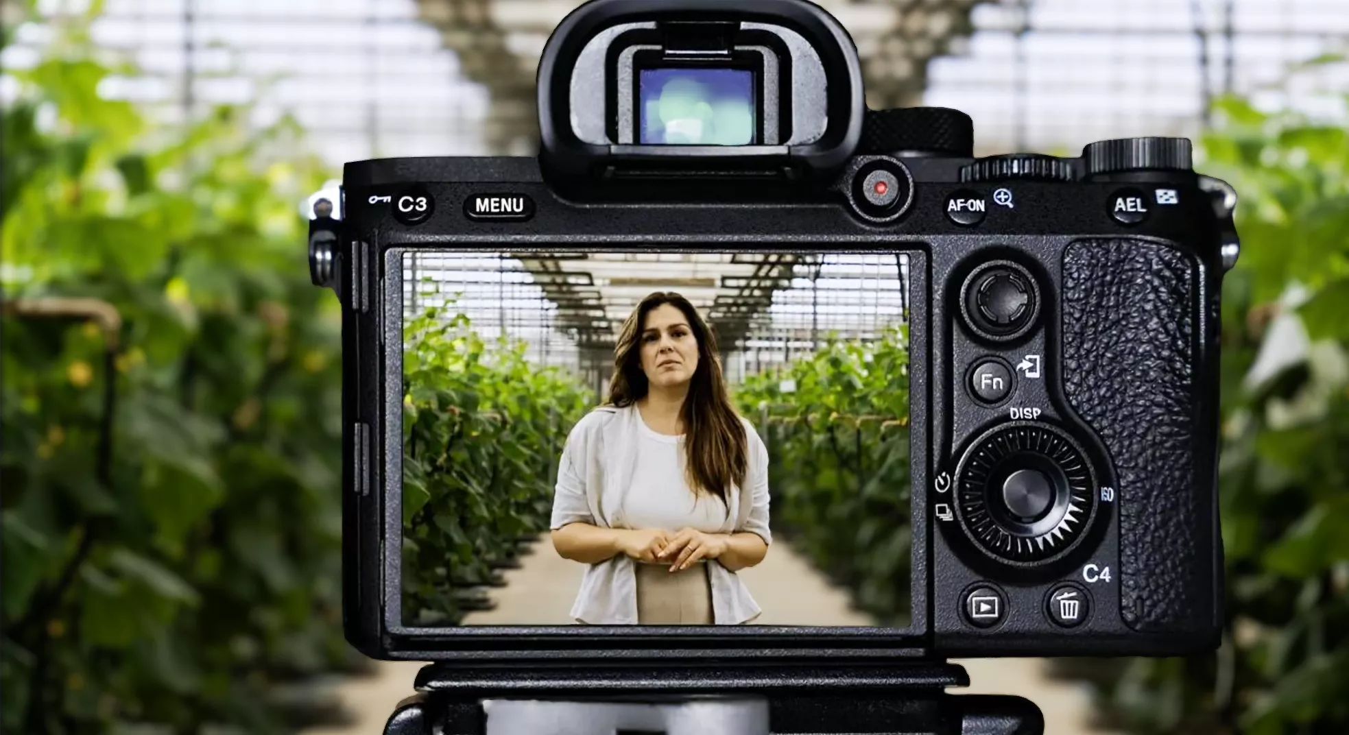 Camera displaying professional video shooting of Rosela AD spokesperson in greenhouse demonstrating proven digital marketing strategies